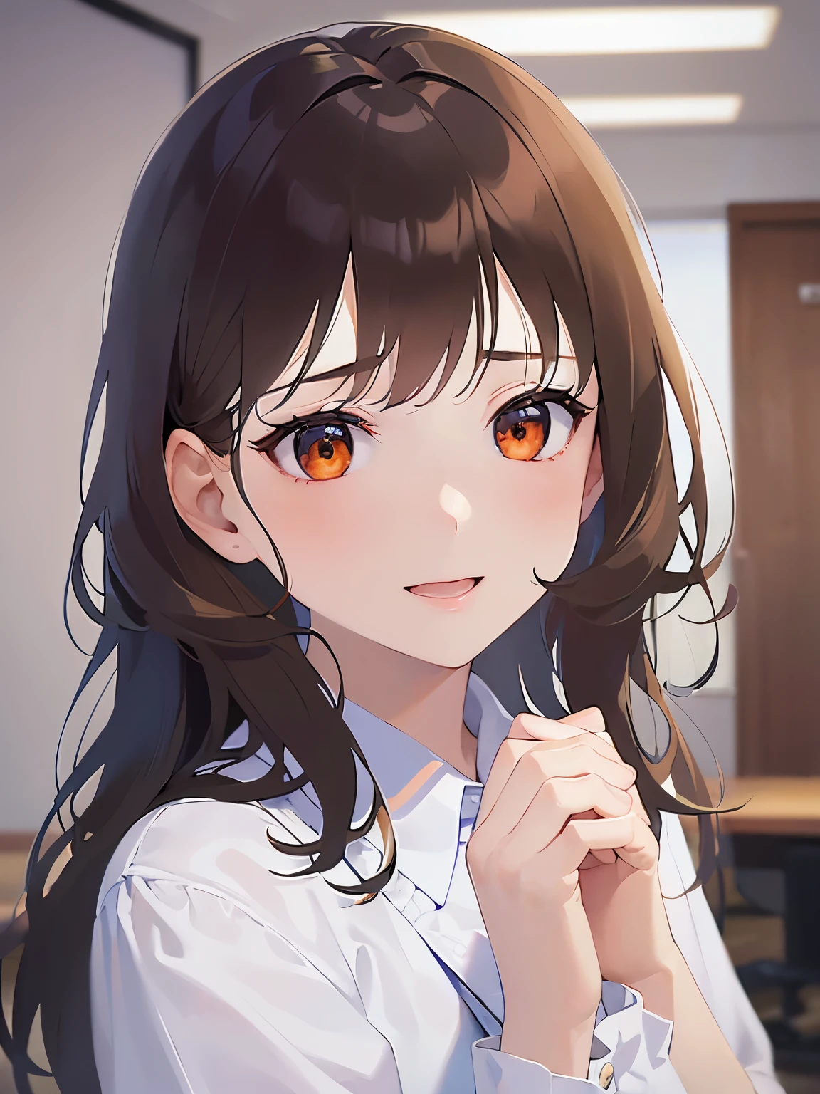side angle,(looking away:1.5),Upper Body,head tilt,(own hands together:1.5)、5 biologically correct fingers、
 Realistic, real person, (pale skin: 1.2), RAW photo, photorealistic, shiny skin, shiny hair、
(A 2 woman with medium-length hair and bangs) and (wavy hair) and (brown hair) and (orange eyes) ,
（white collared shirts）
(smile:1.2),open mouth,
The background is the conference room、（alone:1.5）