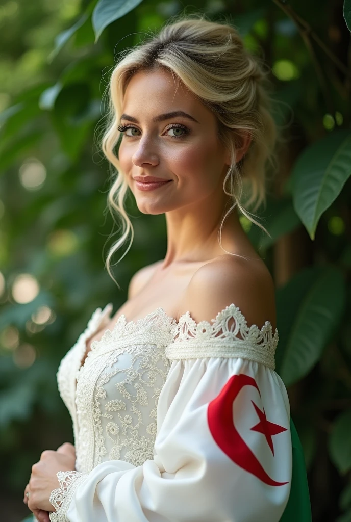 Close up, blonde, plump woman, wearing elegant white dress, with Algerian flag, with, green nature background