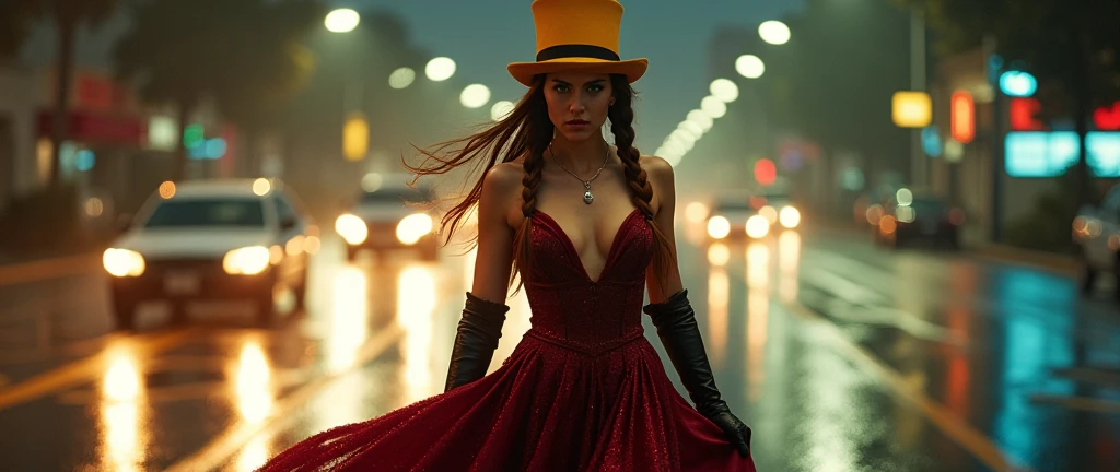 Créer une image de haute qualité 16k, photo réaliste, tres longue pause, photo kodak, objectif canon 85mm ,vu de très haut, plan large, avec une femme, Sydney Sweeney, habillée avec une robe rouge bordeaux paillettes royal très longue détrempée donnant l'impression d'un mouvement arrêté dans le temps se déplaçant subtilement avec le mouvement de ses pas, volant au vent, ouverte sur les cuisses, des bottes haute noir, un décolleté en "V" faisant apparaître ses seins, elle est coiffée d’nue couettes longue tombant sur une épaules et sa chevelure est brune avec des meche rouge bordeaux, elle porte sur la tête un chapeau haut de forme jaune ornementé. Elle a un regard menaçant., malicieux, les yeux vert perçant. L'un de ses pieds est légèrement avancé, comme si elle était en train de faire un pas en avant vers la camera. Le temps humide, Pluie forte, le corps de la femme mouillé, cheveux mouillé, elle se trouve dans une large avenue des voitures roule autour de Sydney Sweeney ,il fait nuit. L'ensemble de la scène capture un moment de puissance, de détermination et de peur. Traine de lumières roue et ɓanchr