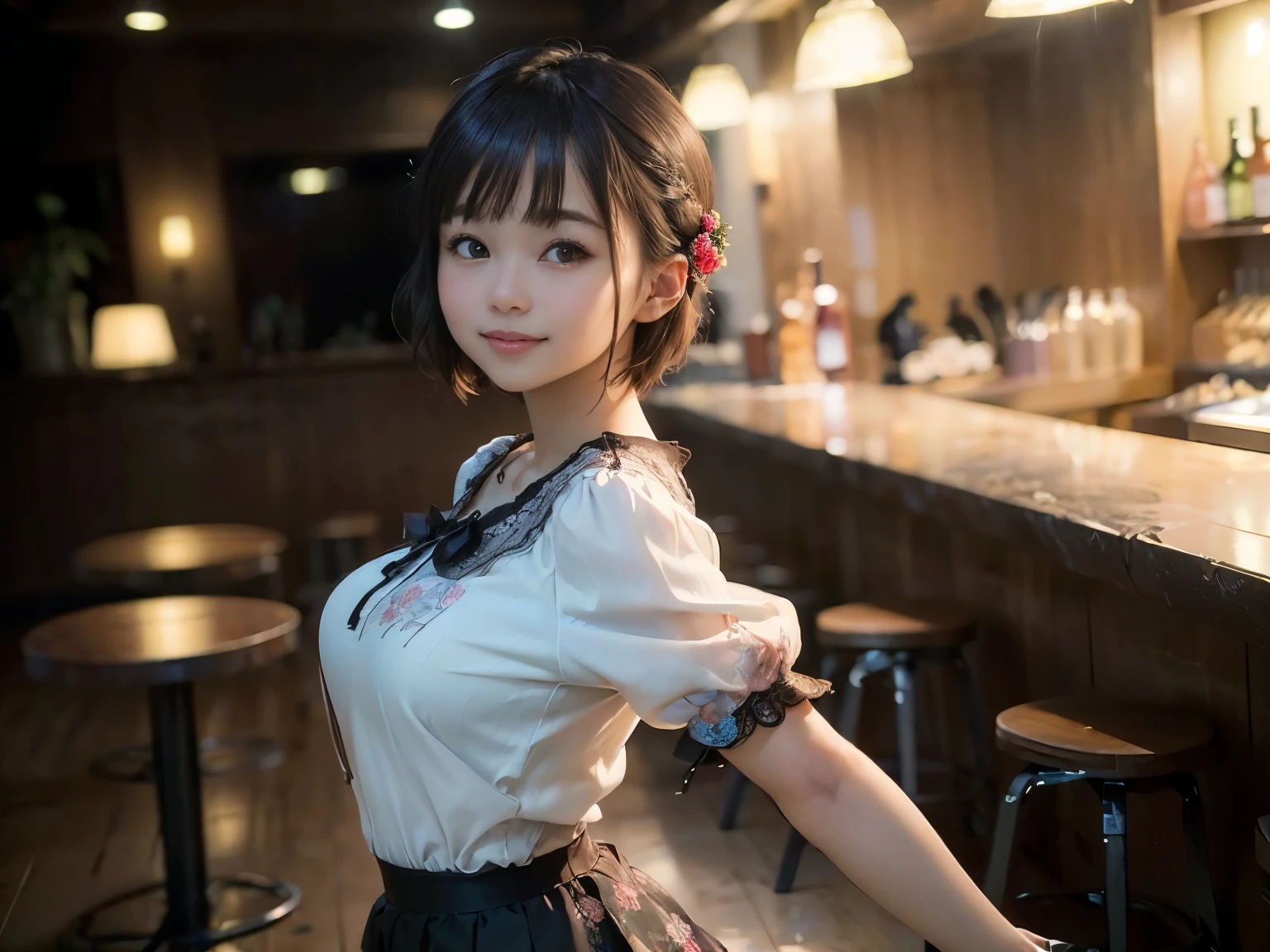 (Highest quality, masterpiece, Ultra-high resolution, 8k, RAW Photos, Realistic, Anatomically correct:1.5), 20-year-old girl:1.2, Embarrassing, avert your eyes, blush:1.0, View Viewer, ((bar)) 、Large windows、Night view、 Light:1.2, Bokeh, Cinema Lighting:1.0, Depth of written boundary, sharp、 Cute Face、Idol、(Black short sleeve lace top)、(Black tulle skirt)、(Black clothing)、(Floral clothes)、”dwarf”、(Full Body Shot)、(Side angle)、Cowboy Shot、( smile)、((Ultra short hair、Berry Short))、(Straight bangs)、((See-through))、(( One woman))、look back、I can see your belly button、