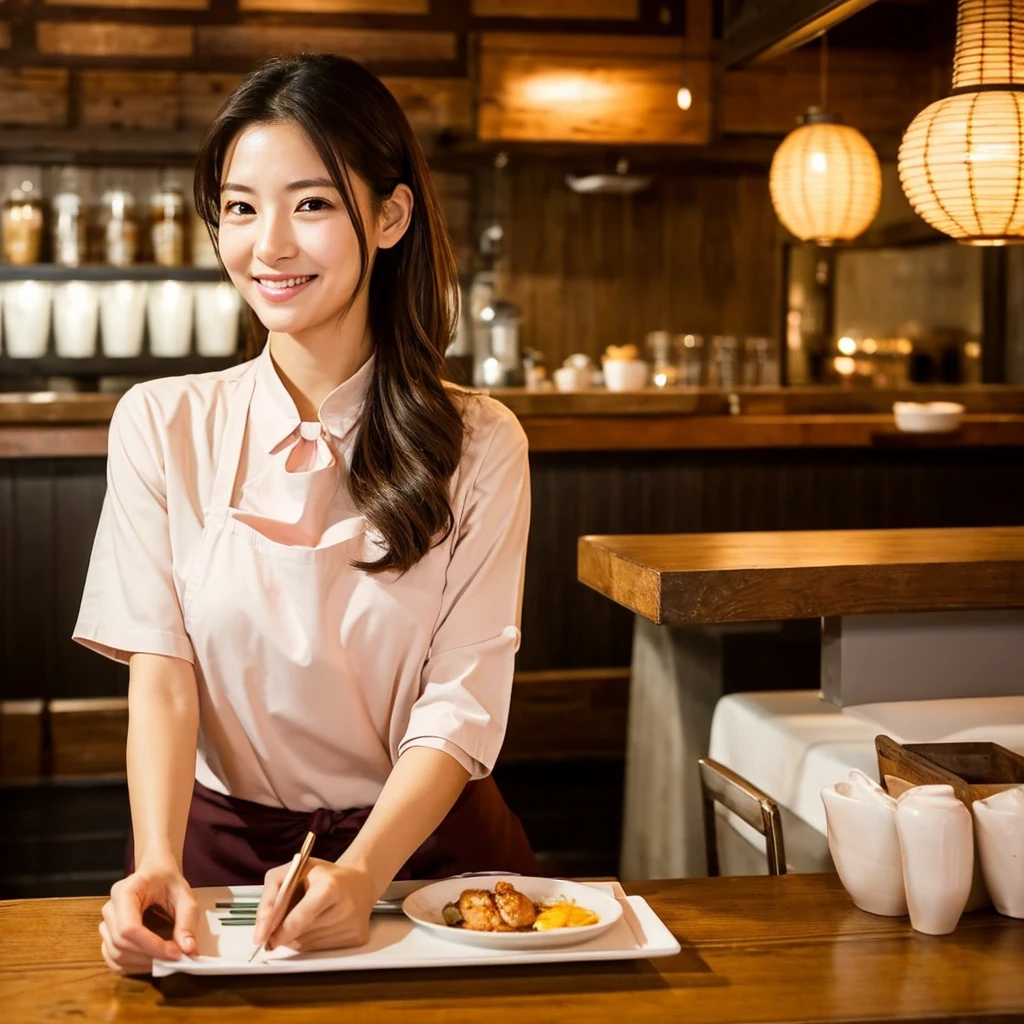 "Portrait of a 2 Japanese female restaurant staff member, with slightly asymmetric facial features and body, adding a natural and approachable vibe to her appearance. She has warm, almond-shaped brown eyes, a welcoming smile with soft pink lips, and shoulder-length wavy black hair tied back in a casual ponytail, with a few loose strands framing her face. She is dressed in a classic white blouse with rolled-up sleeves, paired with a black apron tied at the waist, symbolizing hospitality and professionalism. In one hand, she holds a notepad and pen, ready to take orders, while the other hand gestures warmly toward a customer. The background shows the interior of a cozy, well-lit restaurant with wooden tables and soft ambient lighting, creating a friendly and inviting atmosphere. The lighting is warm, highlighting her friendly demeanor and the comforting ambiance of the dining space."

