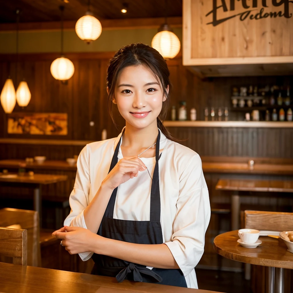 "Portrait of a 2 Japanese female restaurant staff member, with slightly asymmetric facial features and body, adding a natural and approachable vibe to her appearance. She has warm, almond-shaped brown eyes, a welcoming smile with soft pink lips, and shoulder-length wavy black hair tied back in a casual ponytail, with a few loose strands framing her face. She is dressed in a classic white blouse with rolled-up sleeves, paired with a black apron tied at the waist, symbolizing hospitality and professionalism. In one hand, she holds a notepad and pen, ready to take orders, while the other hand gestures warmly toward a customer. The background shows the interior of a cozy, well-lit restaurant with wooden tables and soft ambient lighting, creating a friendly and inviting atmosphere. The lighting is warm, highlighting her friendly demeanor and the comforting ambiance of the dining space."