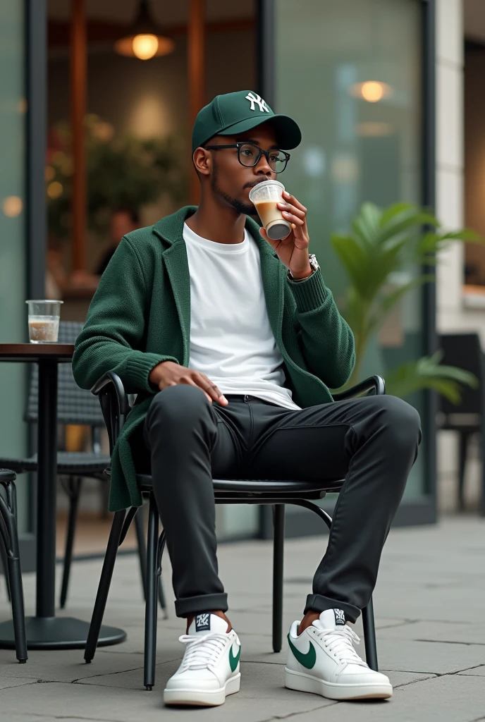 best qualityer:1.4), (ultra high resolution:1.2), (photorrealistic:1.4), (8k, CRU photo:1.2), a thin young man of 20 years old, skin black, with a smooth, beardless face, corte de cabelo buzzcut, is sitting on a chair outdoors in an urban setting. He wears a simple white t-shirt, black pants and a green sweater thrown over his shoulders. He wears a dark green cap with the New York Yankees logo., Thin frame glasses. On the feet, he wears white sneakers with green details. The man holds a glass of cold drink and appears to be relaxing while sipping his coffee. The scenery in the background is made up of stone paving and a glass facade., indicating a cafe or restaurant environment. A thin person.