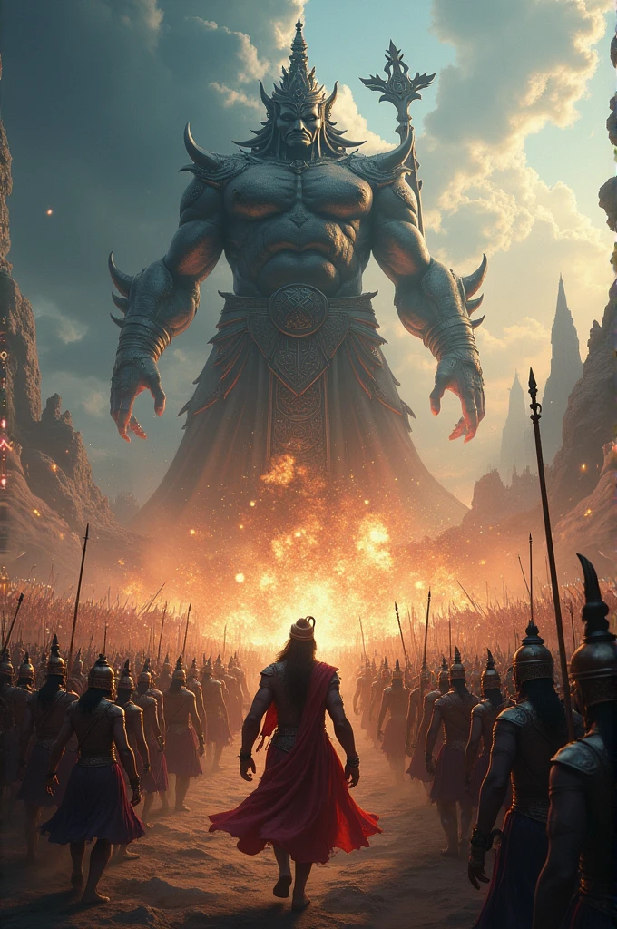 Battle with Ravana’s Army: Capture the epic battle scene with Rama and his army fighting Ravana’s forces, highlighting their bravery and strategic prowess.