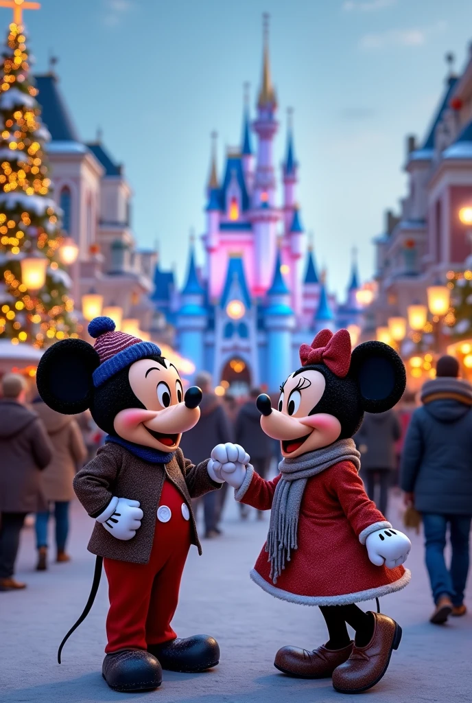 Welcome to Disney's magical winter night, where dreams come true under a bed of snow. Family and friends, wrapped in winter coats and scarves, walk down Main Street and gaze at the festive decorations. MICKEY MOUSE and MINNIE MOUSE are greeting guests by a large sparkling Christmas tree. CUT TO:Interior view: DISNEYLAND - CASTLE - NIGHT Cinderella's castle is covered in ice blue lights, looking like a cool and magical building. The snow particles fall slowly, making the atmosphere more charming.