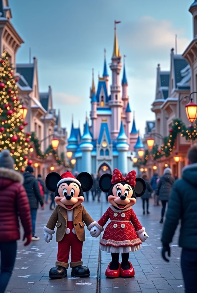 Welcome to Disney's magical winter night, where dreams come true under a bed of snow. Family and friends, wrapped in winter coats and scarves, walk down Main Street and gaze at the festive decorations. MICKEY MOUSE and MINNIE MOUSE are greeting guests by a large sparkling Christmas tree. CUT TO:Interior view: DISNEYLAND - CASTLE - NIGHT Cinderella's castle is covered in ice blue lights, looking like a cool and magical building. The snow particles fall slowly, making the atmosphere more charming.