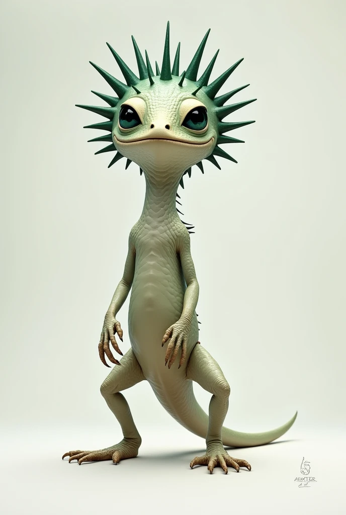 Large skinny white lizard stands on four legs, with a short tail, with dark green eyes, head and neck in a circle covered with spikes.