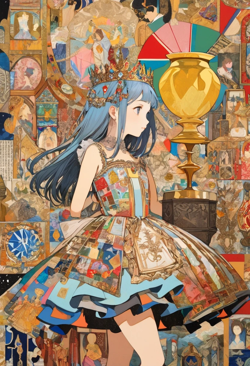 (masterpiece, best quality),
woodblock print collage depicting,one girl,princess,side view,he is surrounded by traditional european royal symbols,wearing cutie princess dress,holy grail,colorful, collage art, contemporary artistic collage,