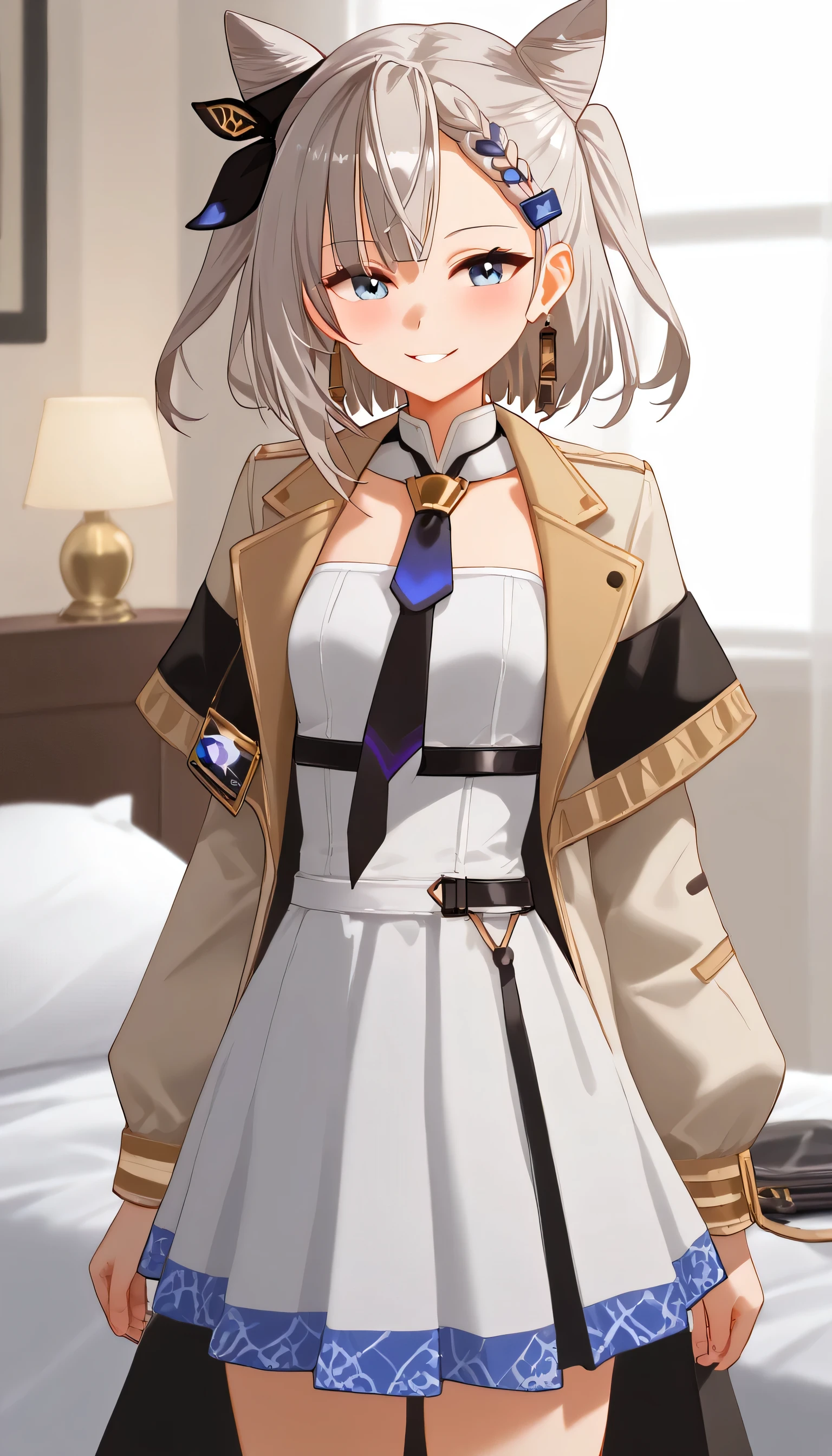 shiny skin, 1girl, vestiazeta, vestia zeta, HoloLive, braid, cone hair bun, jacket, white dress, single thighhigh, earrings, parted lips, blush, breasts, small breasts, solo, looking at viewer, closed mouth, long sleeves, collarbone, smile, large smile, full shot, full body, cat hair model, 