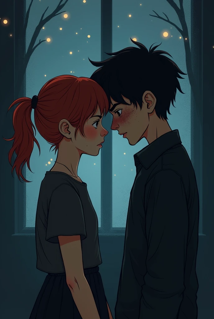 I created a pixel art of a redheaded girl, short, thick-legged in a dark room, with fireflies outside and a boy with scars on his face and black hair and tired eyes and make them almost kiss. make them teenager and in the darkest room