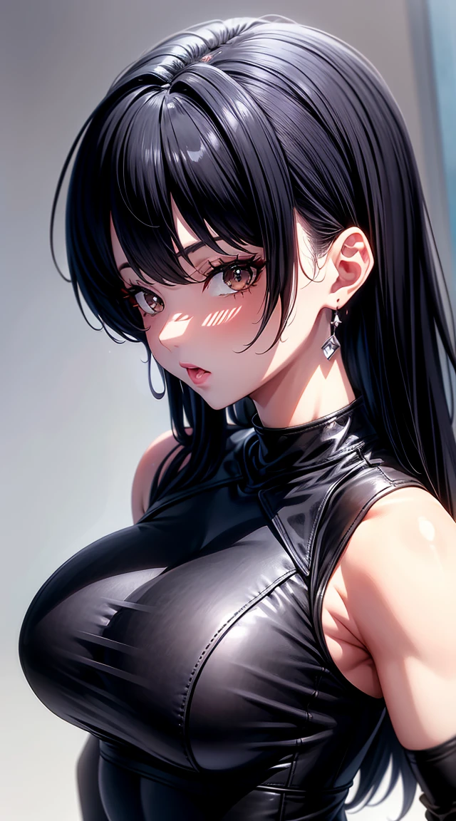 8k, High resolution, Super detailed, (masterpiece:1.4), Highest quality, Symmetrical body, (Black Tight Short Leather Dress:1.4), choker, cute, alone, Earrings, Long Hair, Dark purple hair, Brown eyes, Glow effect, Finely grained, Detailed face, View your viewers, Horny Face, At the club, Diagonal view, Big Breasts, Captivating look, Perfect Fingers