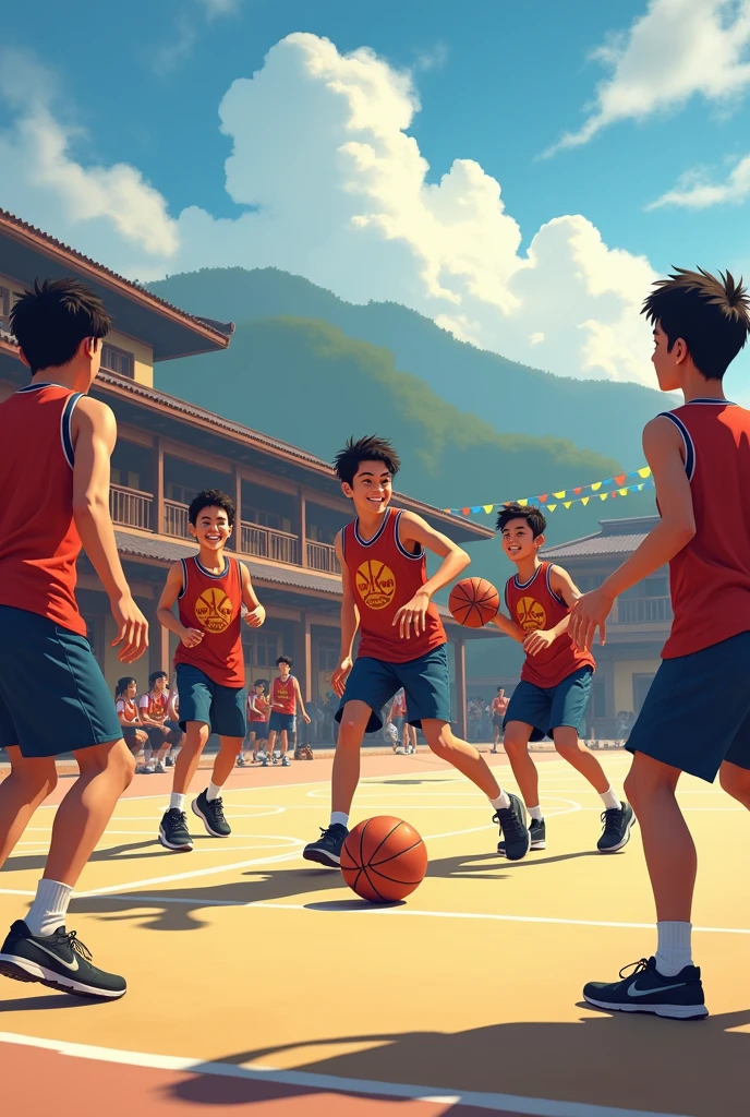A Bhutanese group of students play basketball in school