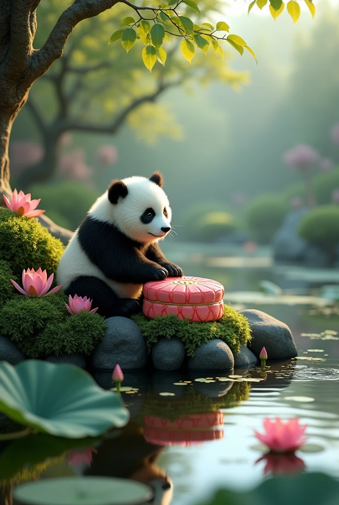 [Vision:1.0]，[Wide Angle:1.0]，Huge file size，（optimal：1.2），masterpiece，Mooncake box，Stone platform，rock，moss，pond，water，reflection，water池，shadow，lotus，Lotus Leaf，panda，panda手捧一块金色月饼，smoke，Osmanthus fragrans，Tree，leaf，3d, C4D rendering, 8k, super high detail, Bright colors，Bright，rgb, Colorful)，(High contrast:1.5)，(whole body:1.8), magazine photography，Popular on social platforms，((Dopamineism))，(((Dopamine color matching)))，Facing the screen，Dopamine color，High Saturation，High contrast，High Definition，8k，Dopamine，(in the style of Y2K)，Luo Erchun，Three-dimensional ancient style，Oriental poetry and painting