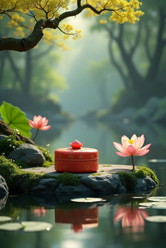 [Vision:1.0]，[Wide Angle:1.0]，Huge file size，（optimal：1.2），masterpiece，Mooncake box，Stone platform，rock，moss，pond，water，reflection，water池，shadow，lotus，Lotus Leaf，panda，panda手捧一块金色月饼，smoke，Osmanthus fragrans，Tree，leaf，3d, C4D rendering, 8k, super high detail, Bright colors，Bright，rgb, Colorful)，(High contrast:1.5)，(whole body:1.8), magazine photography，Popular on social platforms，((Dopamineism))，(((Dopamine color matching)))，Facing the screen，Dopamine color，High Saturation，High contrast，High Definition，8k，Dopamine，(in the style of Y2K)，Luo Erchun，Three-dimensional ancient style，Oriental poetry and painting