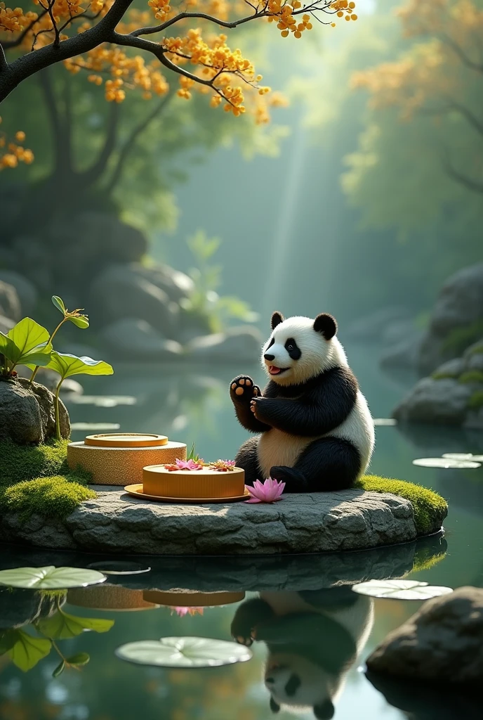 [Vision:1.0]，[Wide Angle:1.0]，Huge file size，（optimal：1.2），masterpiece，Mooncake box，Stone platform，rock，moss，pond，water，reflection，water池，shadow，lotus，Lotus Leaf，panda，panda手捧一块金色月饼，smoke，Osmanthus fragrans，Tree，leaf，3d, C4D rendering, 8k, super high detail, Bright colors，Bright，rgb, Colorful)，(High contrast:1.5)，(whole body:1.8), magazine photography，Popular on social platforms，((Dopamineism))，(((Dopamine color matching)))，Facing the screen，Dopamine color，High Saturation，High contrast，High Definition，8k，Dopamine，(in the style of Y2K)，Luo Erchun，Three-dimensional ancient style，Oriental poetry and painting