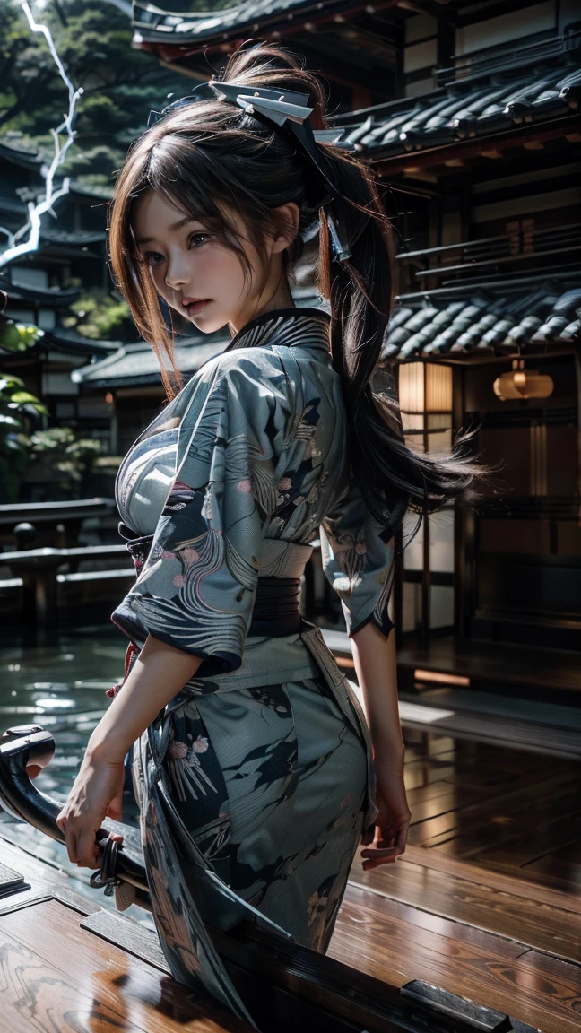 (Ultra HD, Highest quality, High resolution, Surreal, so beautiful), 24000dpi, Beautiful woman, 21A beautiful woman of her age,Long Tail, Well-formed eyes, greatest visual acuity, 1, Fascinating, Totally American, Perfect body, Big Breasts, Physical Beauty, ((Japanese crimson kimono、kimono、yukata:1.5, Seraphim, Ultra mini skirt)), (((Blue Lightning, all, electric japanese knife, sheath, Charge Move, Special Move Position, yes))), All-in-one, Absurd, (((Anatomically correct))), whole body,Not anime-style,Real People,ponytail,Show off your toned thighs and beautiful legs,spear,((Realistic landscapes and beautiful women))