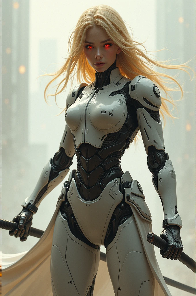 Cyborg female ,wi5h golden hair ,red bright eyes ,samurai ,holding katana sword in stady pose