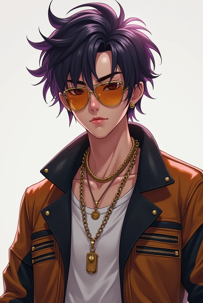 Create a stylized young man with an edgy, modern aesthetic. He has messy, voluminous dark hair with purple highlights and wears reflective gold aviator sunglasses. He is dressed in a layered outfit that includes a brown leather jacket with black and orange accents, over a white shirt. Multiple necklaces hang around his neck, one of which has a pendant. His expression is neutral, almost nonchalant, giving off a cool, confident vibe. The background is minimal, ensuring focus stays on his fashionable look and accessories."
