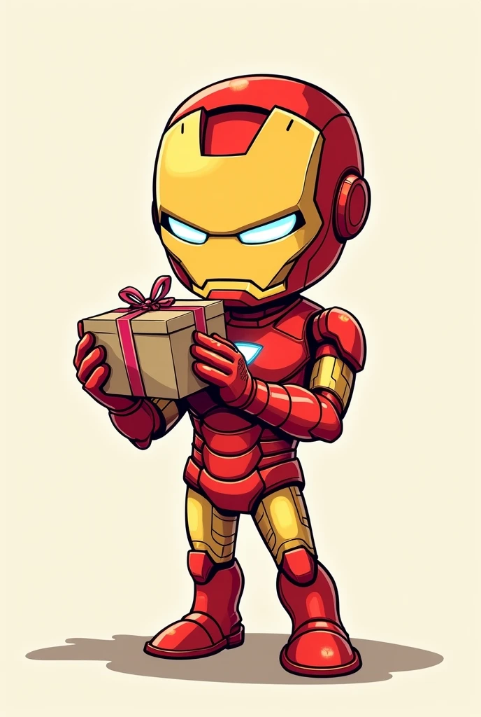 Cute Iron Man holding a box in his hands in a cartoon hand drawn style