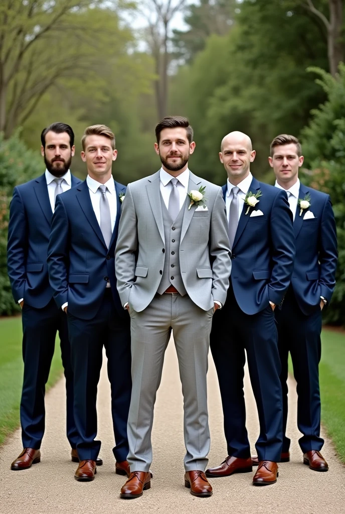 Generate a photo of a groom in a light gray suit, gray vest and brown shoes, with 6 groomsmen in navy blue suits