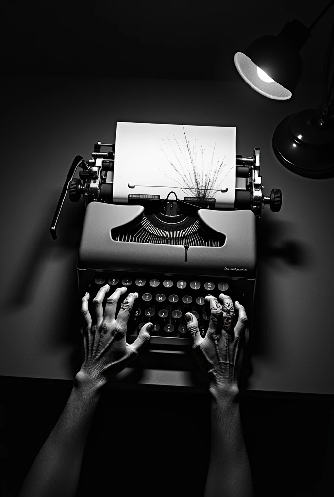 A b&w image of a typewriter with blood on hit. On the typewriter are two hands writing. The hands are dirty and very injured with cuts implying self harm. The typewriter is lit by a table lamp that is not in frame. The hands are writing while blood drips onto the typewriter's keys. The writing room has no lights in it and it is a horror setting. The lamp is not in the frame and it is a top down shot, from the pov of the person writing.