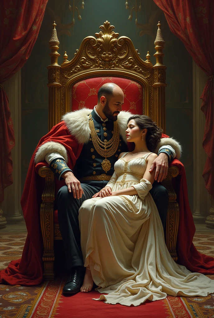 a guy sitting on a throne with a woman who is sitting on the floor while resting her face on his lap