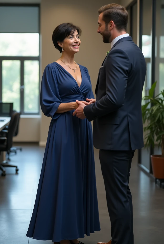 60 years old women, blue long dress, pixia cut hairstyle, black haircolor, five fingers on both hands, in the office, with a male, bra less
