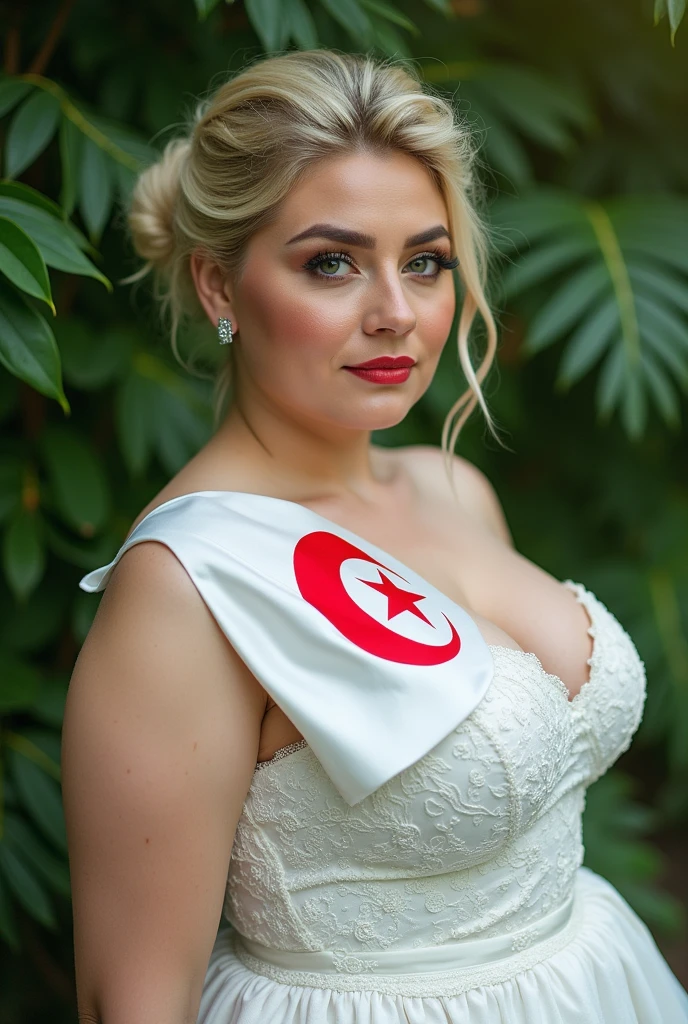 Close up, blonde, plump woman, wearing elegant white dress, with Algerian flag, with, green nature background 
