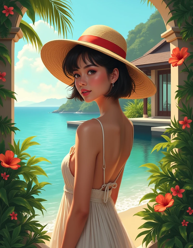 Tropical house by the beach in bali , there is beautiful girl pixie hair in summer dress with big hat 