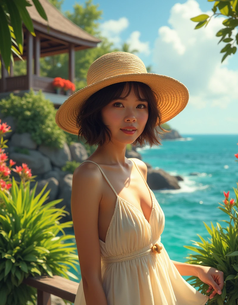 Tropical house by the beach in bali , there is beautiful girl pixie hair in summer dress with big hat