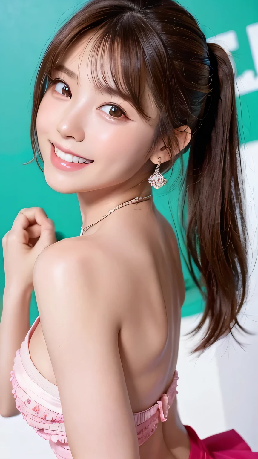 (Highest quality, DSLR camera, 8k, Highest quality, High resolution, Highest quality, Highest resolution, Very beautiful woman, Perfect anatomy), Bright brown eyes, Very bright brown eyes, Small diamond-shaped earrings, Looking directly at the camera, Beautiful brown hair, ((, Loose and cute medium ponytail)), Very short and beautiful bangs with brown hair, E-cup bust, Showing beautiful décolletage, Very beautiful 20-year-old, Lip gloss, Smiling very happily, Very cute smile, Upper teeth, Beautiful teeth, (Chic and stylish music stage as the background only), Slightly larger eyes, Small face, Tall supermodel, Beautifully shaped model, (Holding a microphone and dancing and singing in random cool poses), Dynamic angle, Eye focus, Head tilt, Very detailed and realistic, Very beautiful 20-year-old, ((Medium shot)), Sharp jawline, ((Sophisticated K-POP idol outfit)), Deep waistline, Sexy legs, Side view, Smiling very joyfully, Laughing, Summer daytime