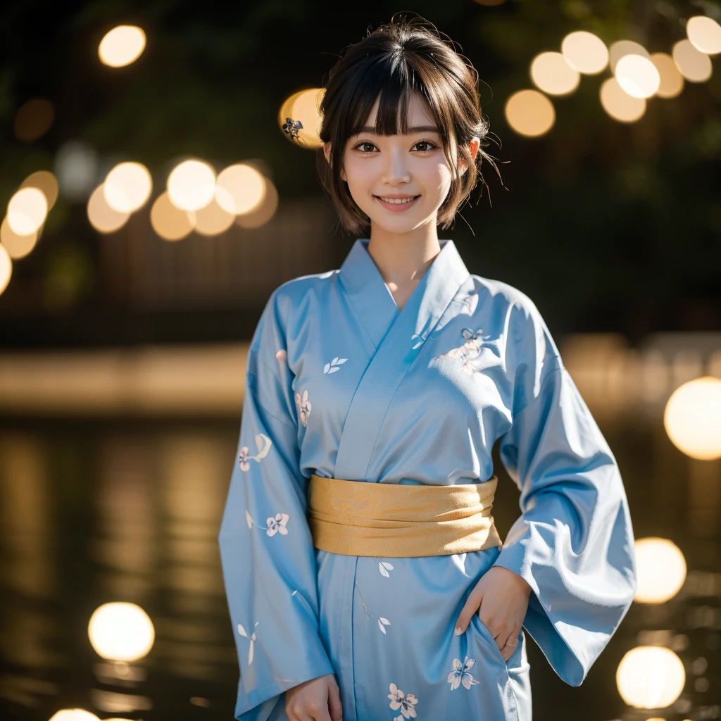 (Highest quality, masterpiece), One person, Intricate details, beautiful細部までこだわった顔, Japanese Yukata, firework, blush, Open your mouth, Black Hair, short hair, Blunt bangs, Happy, Are standing, Cowboy Shot,solo, High resolution, smile,beautiful,cute,Dimples,High resolution,