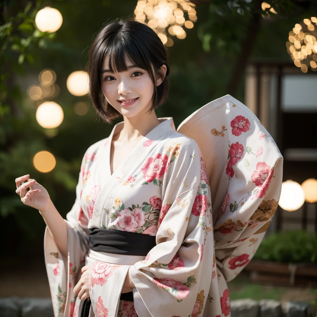 (Highest quality, masterpiece), One person, Intricate details, beautiful細部までこだわった顔, Japanese Yukata, firework, blush, Open your mouth, Black Hair, short hair, Blunt bangs, Happy, Are standing, Cowboy Shot,solo, High resolution, smile,beautiful,cute,Dimples,High resolution,