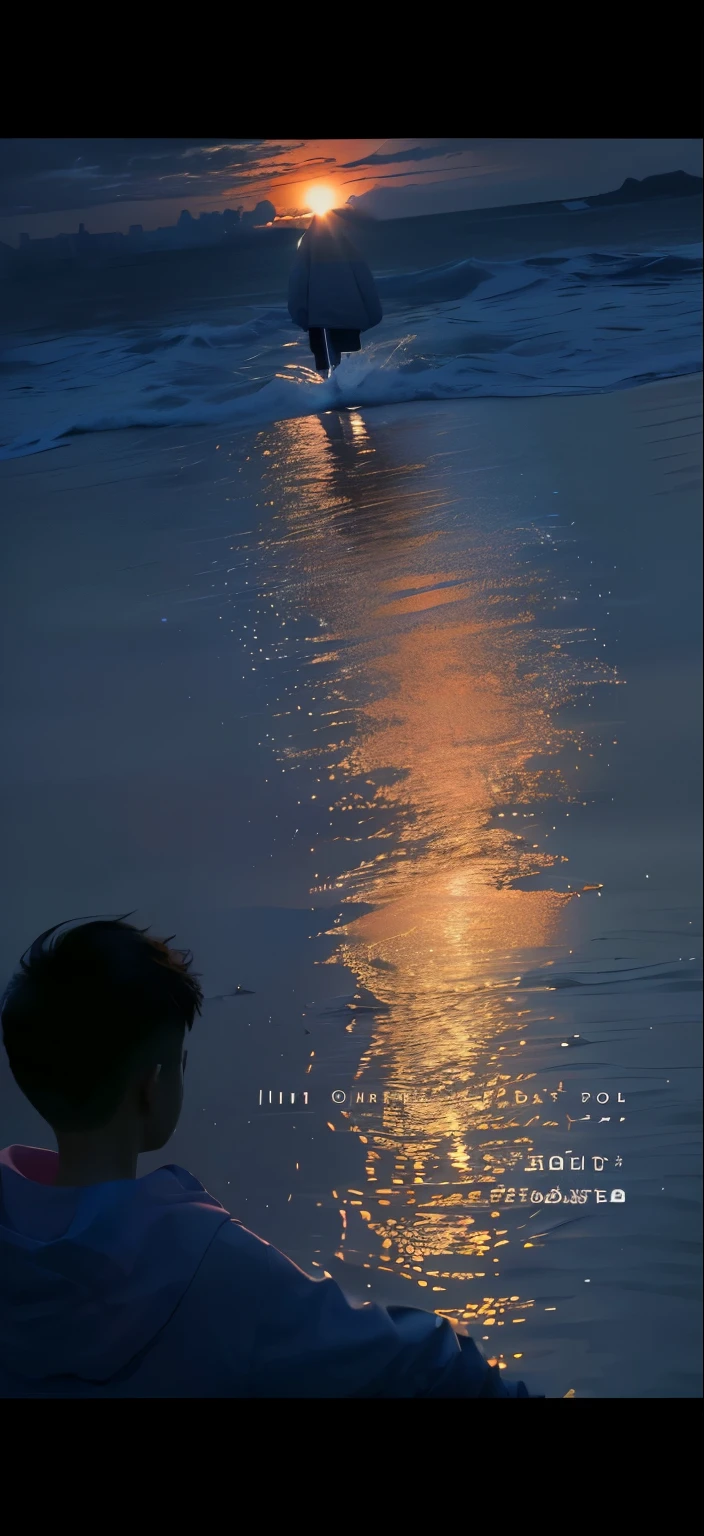 A boy standing under the sunset，The sparkling water is the reflection of the sun，Pink and blue sea，Sunset，Back，White sweatshirt，black hair，Looking sideways at the sun