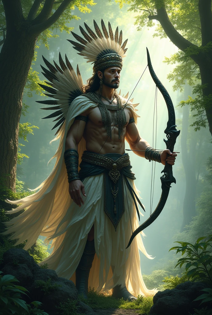 Oxossi holding a black and white bow with feathers on his head
