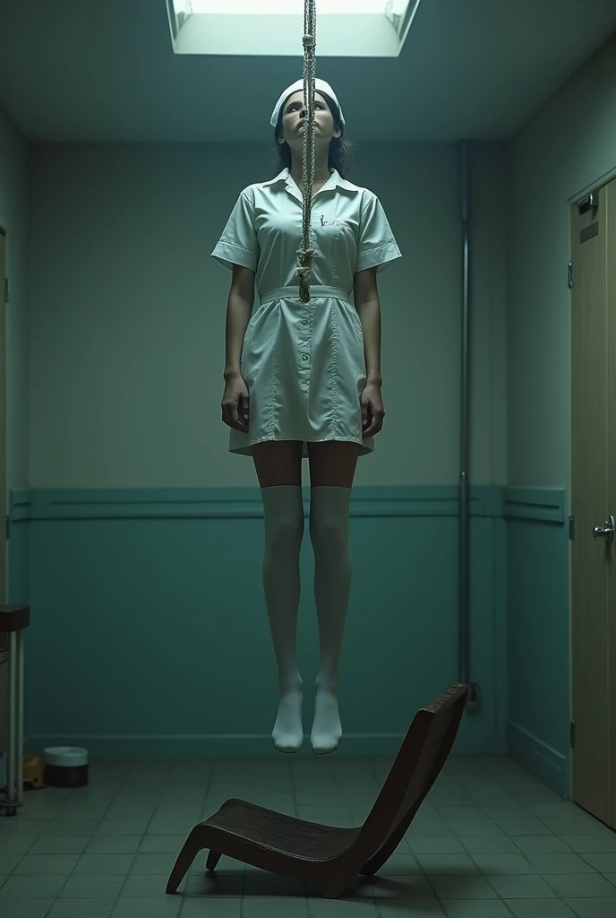 Nurse scene in white thigh high socks, hanged, thòng lọng, hovering in the air , The chair fell at the nurse's feet.