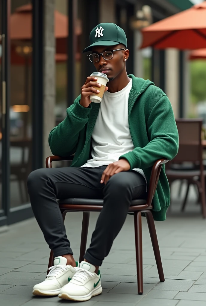 best qualityer:1.4), (ultra high resolution:1.2), (photorrealistic:1.4), (8k, CRU photo:1.2), a thin young man of 20 years old, skin black, with a smooth, beardless face, corte de cabelo buzzcut, is sitting on a chair outdoors in an urban setting. He wears a simple white t-shirt, black pants and a green sweater thrown over his shoulders. He wears a dark green cap with the New York Yankees logo., Thin frame glasses. On the feet, he wears white sneakers with green details. The man holds a glass of cold drink and appears to be relaxing while sipping his coffee. The scenery in the background is made up of stone paving and a glass facade., indicating a cafe or restaurant environment. A thin person.