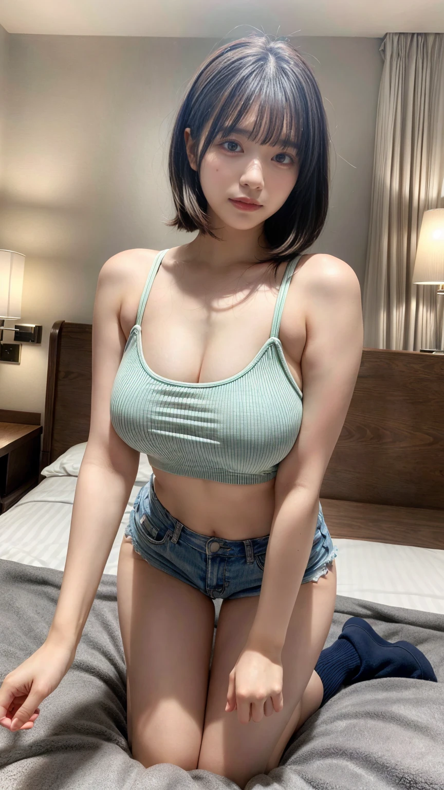 masterpiece, best quality, illustration, Super detailed, fine details, High resolution, 8K,wall paper, perfect dynamic composition,(Details High quality, realistic depiction of eyes:1.3),light blue striped tank top, navy short shorts), plump breast, saggy breasts、expresses the roundness and softness of your chest, Don't expose it, short bob hair, black hair color, Big Natural Color Lip, (perfect body shape), 20 year old girl、cute type、beautiful legs, hotel room, Gravure Idol, large hip, getting pounded from behind, on all fours