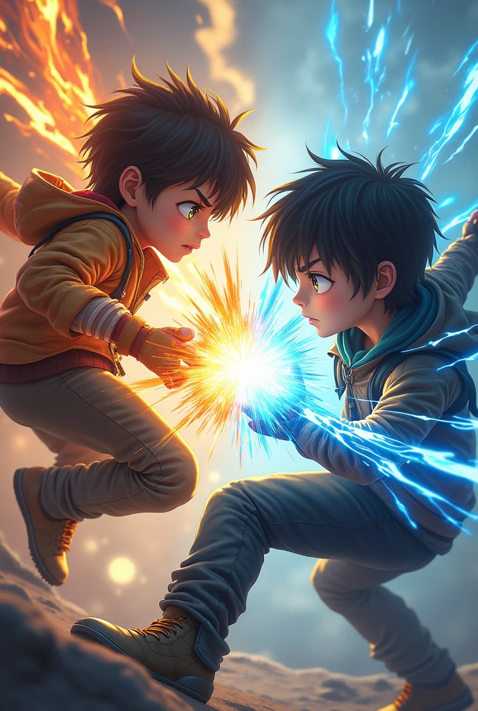 Make a brown hair boy green eyes fight with another boy black hair brown eyes the boy brown hair has plasma powers and the black hair boy air powers in cool fight szene the black hair boy has jacket on and the brown boy tshirt they have cool fight szene air power and plasma red power