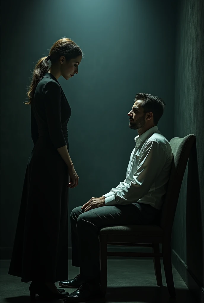 Woman looking at a man tied to a chair