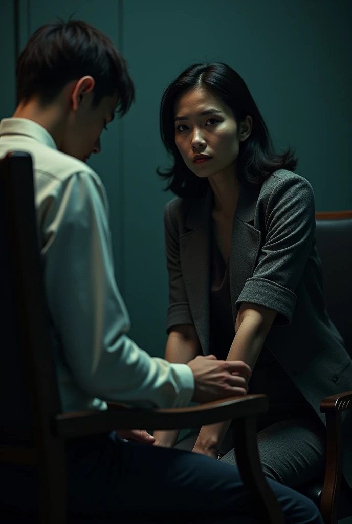 Woman looking at a man tied to a chair