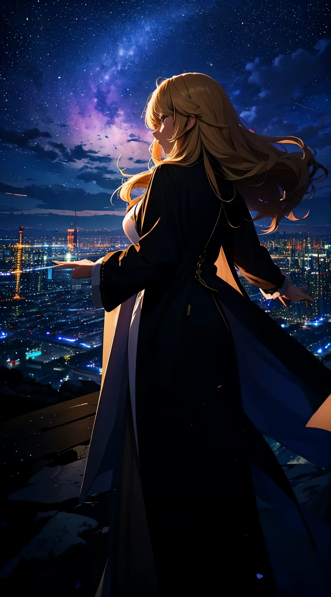 1people々々々々々,Blonde long-haired woman,long coat, Dress Silhouette, Rear view,Space Sky, comet, anime style, dancing petals,Night view of the city from the mountainside,