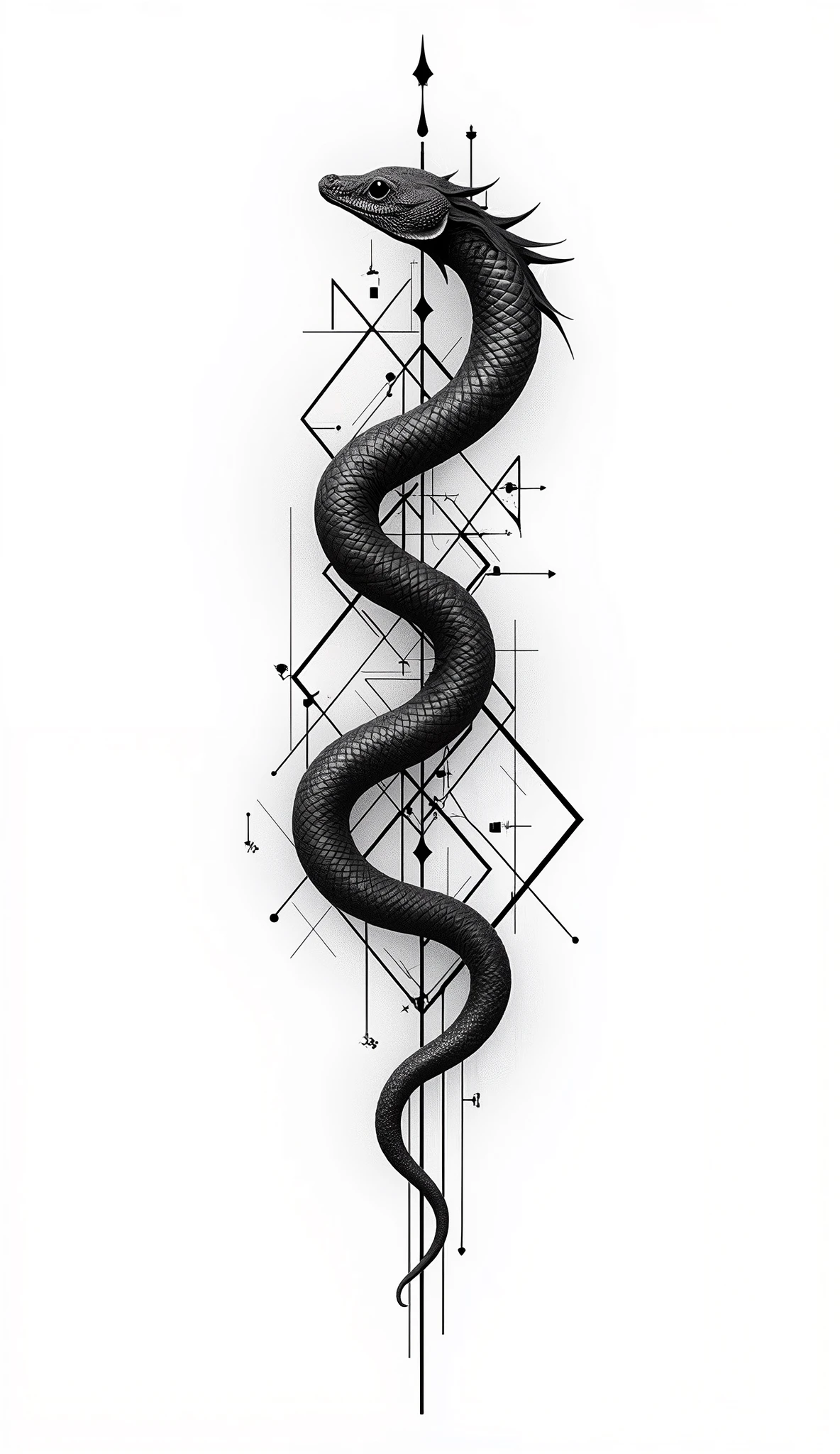 black and white tattoo design, snake, white background, simple background, geometric lines, fine line, complex,
