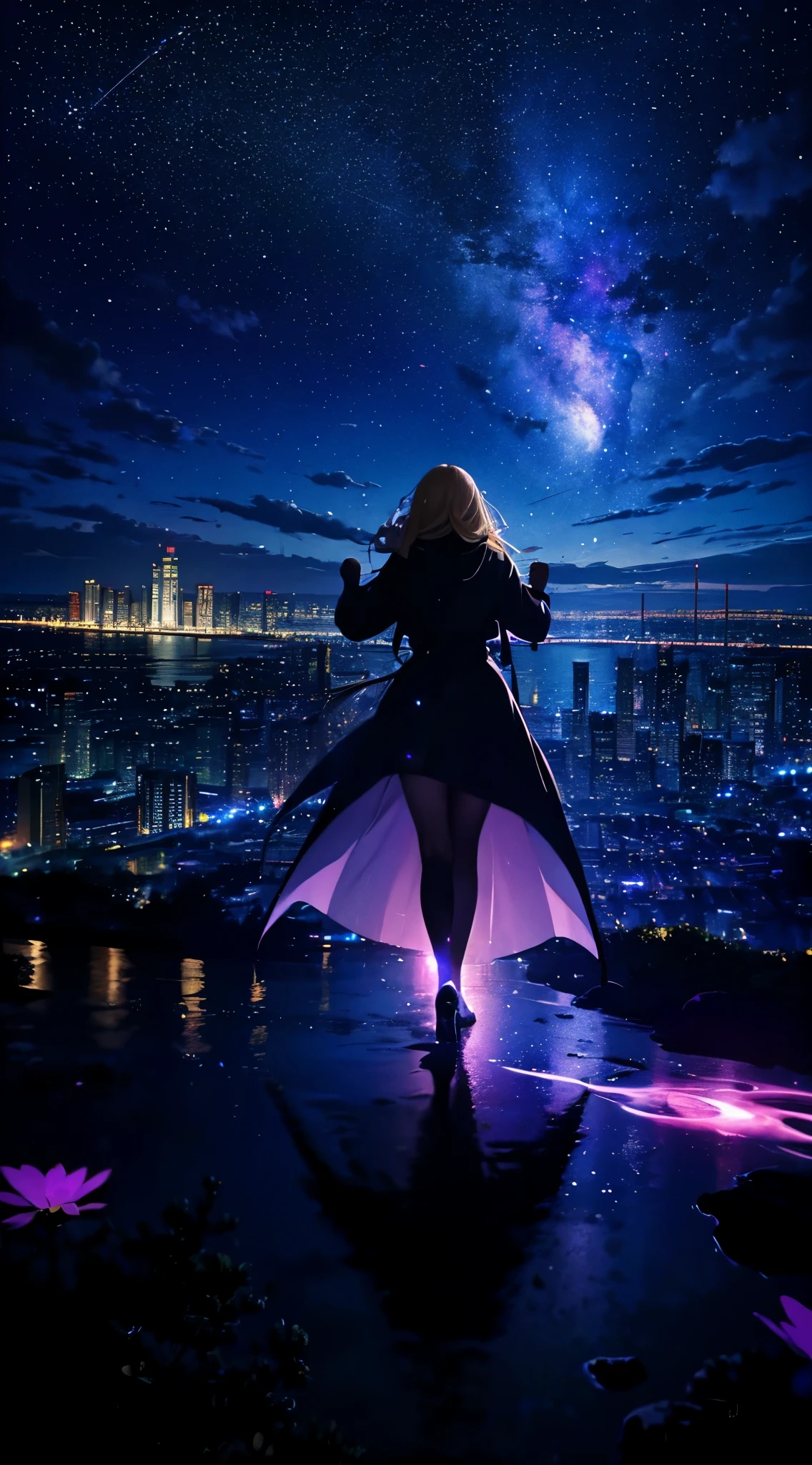 1people々々々々々,Blonde long-haired woman,long coat, Dress Silhouette, Rear view,Space Sky, comet, anime style, dancing petals,Night view of the city from the mountainside,