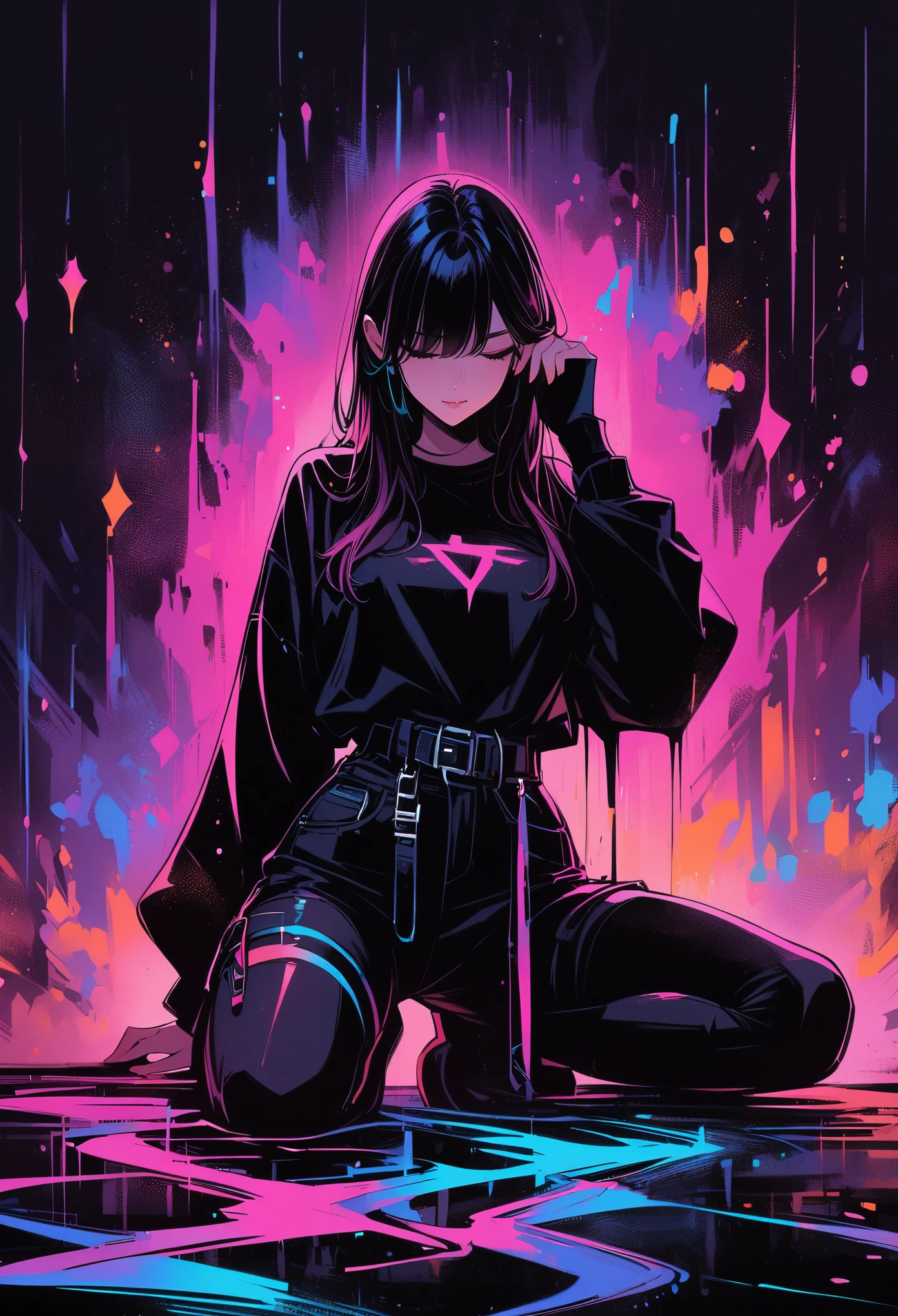 (masterpiece, best quality:1.2), Black Light Art，1 girl, Solitary
