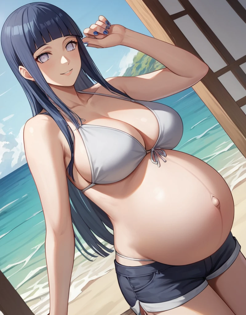 HYUUGAHIN, LIGHT GRAY TOP, "BLACK LONG HAIR", BLUE EYES, 1GIRL, BLUNT BANGS, score_9, score_8_up, score_7_up, source_anime,
Hinata Hyuga, Naruto: The Last, long indigo hair, straight hair, soft bangs, pale lavender eyes, mature, refined, elegant,
high-quality, ultra-detailed, beast quality, 8K resolution, anime style, beach,
looking at viewer, dutch angle, cowboy shot, smile, pregnant belly, large belly, big belly, ???????????, belly button, ??????, shorts,
1girl,solo, indoors, happy, Smiling, rub belly,
full body, Nail polish,