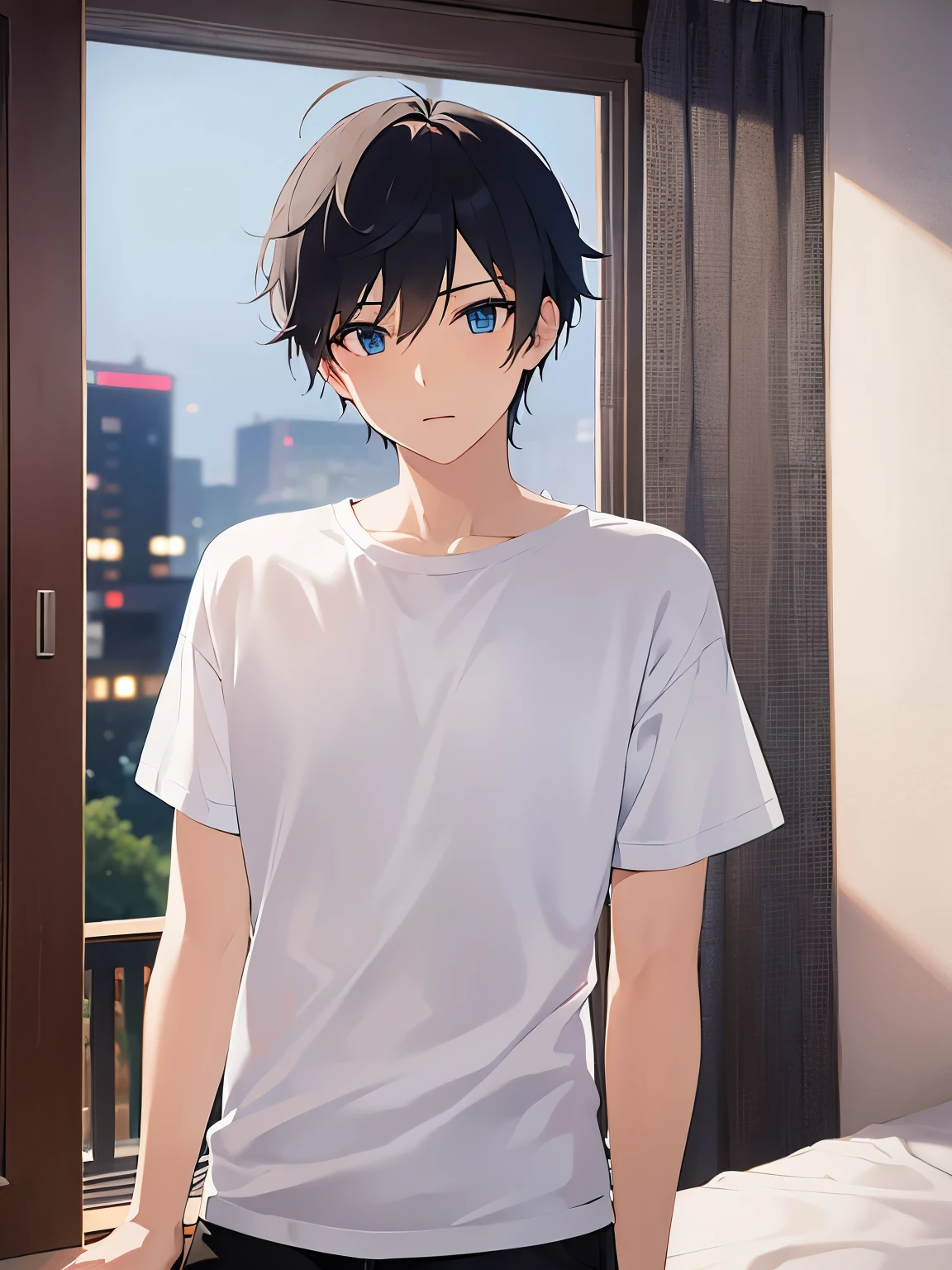 (night:1.5), upper body、masterpiece、Highest quality、(2 male:1.5) and (Black short hair) and (blue eyes), (White T-shirt)、Are standing、confused, dark bedroom、alone、