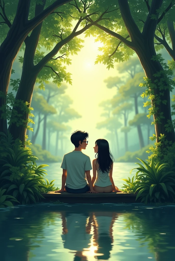 A boy and girl of 20 years old Glass on his two eye and they fill happy sitting on the see in deep forest