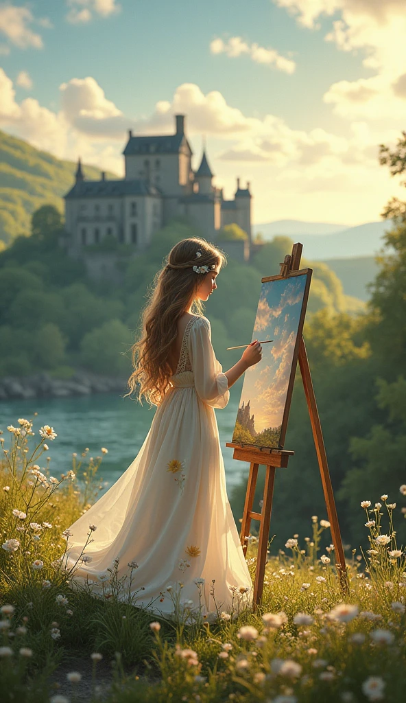 Make a image of girl.she is painting and her surrounding is very peacful.beautiful sky, pkants, beautiful and fairy theme long dress with some paint stains on it sky sould look beautiful and add a lake behind add a castle.edinburgh vibe .i want it for my phone wallpaper.