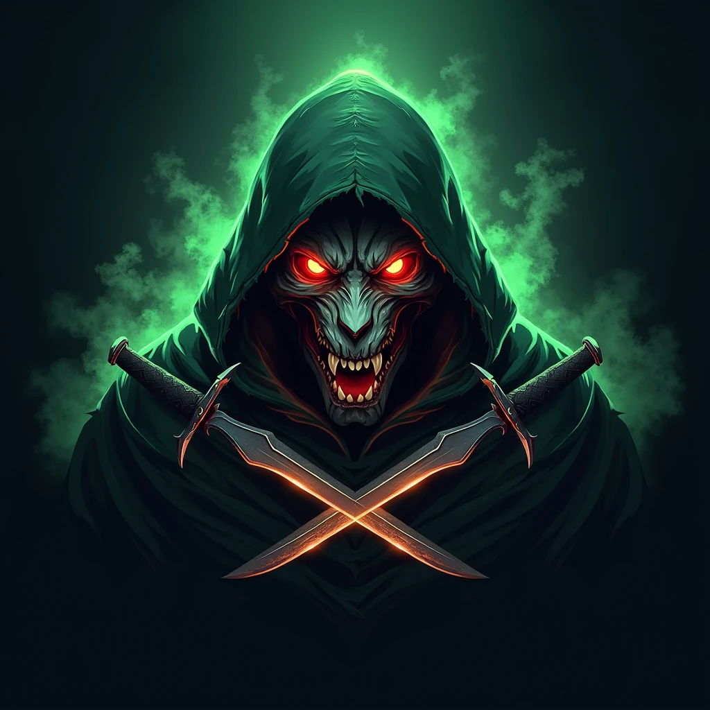 a heavily detailed dark fantasy esports logo, a menacing “TIGER-SKULL” with glowing red eyes and a sinister grin, shrouded in a tattered dark green hooded cloak made of mystical flowing energy, ghostly ethereal with vibrant green-dark highlights, two curved sharp (“crossed karambit”)((knives from CS:GO)) partially visible beneath the cloak, powerful aggressive competitive spirit, deep greens blacks vibrant gold white highlights, strong mysterious fierce identity, more detail, enhanced.